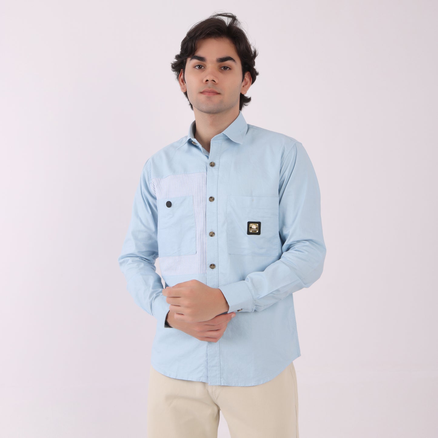 Lionies Dual Pocket Panel Shirt –Sky Blue & White Statement