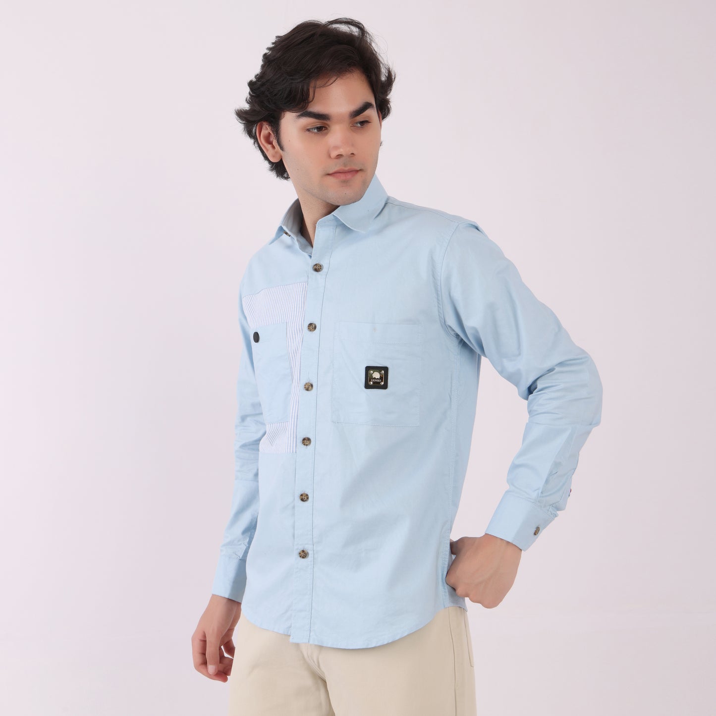 Lionies Dual Pocket Panel Shirt –Sky Blue & White Statement
