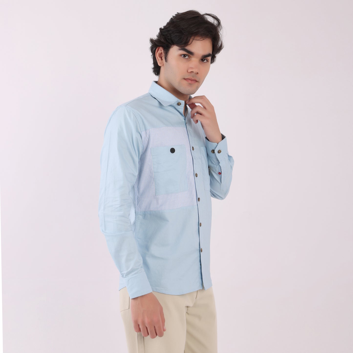 Lionies Dual Pocket Panel Shirt –Sky Blue & White Statement