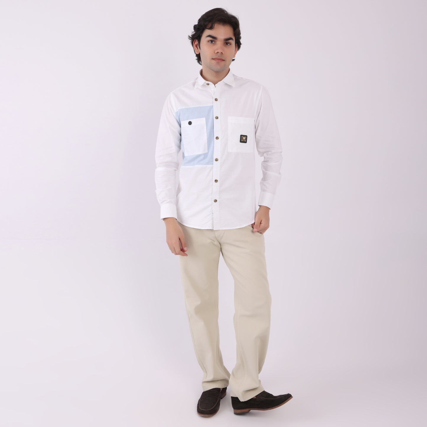 Lionies Dual Pocket Panel Shirt –White & Blue