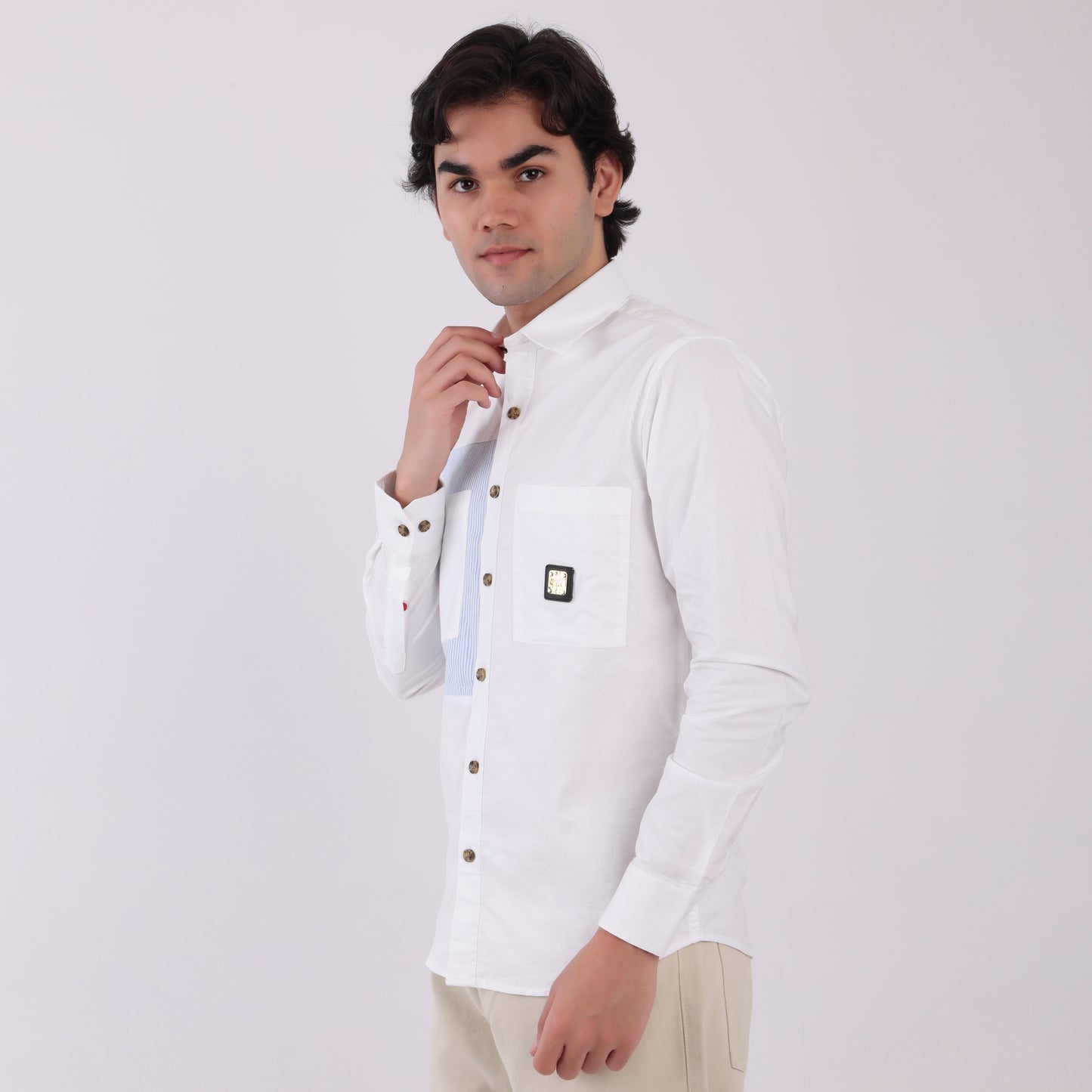 Lionies Dual Pocket Panel Shirt –White & Blue