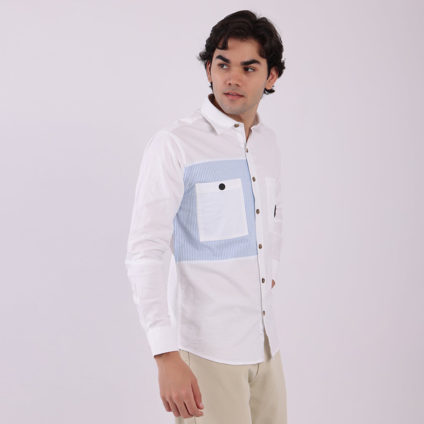 Lionies Dual Pocket Panel Shirt –White & Blue
