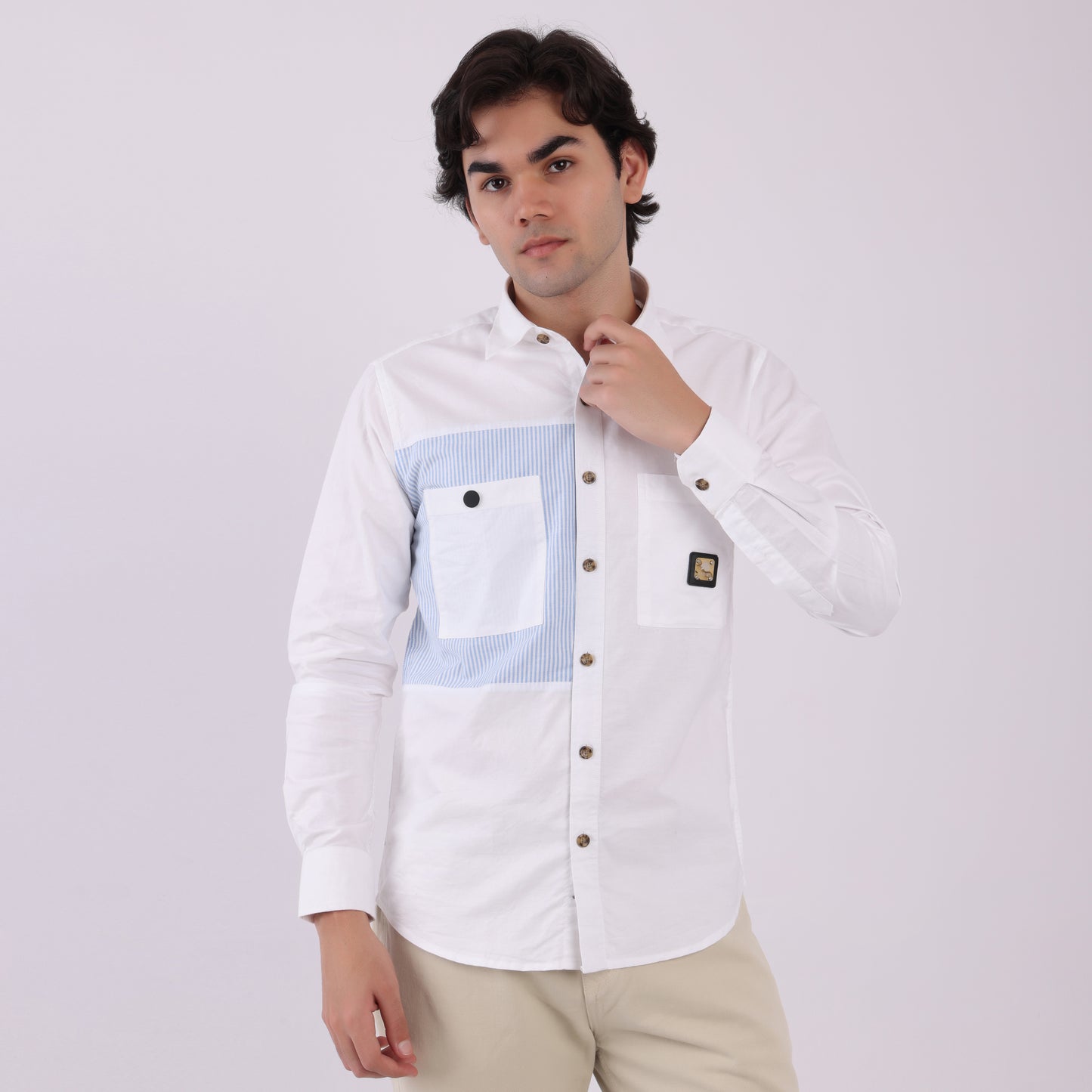 Lionies Dual Pocket Panel Shirt –White & Blue