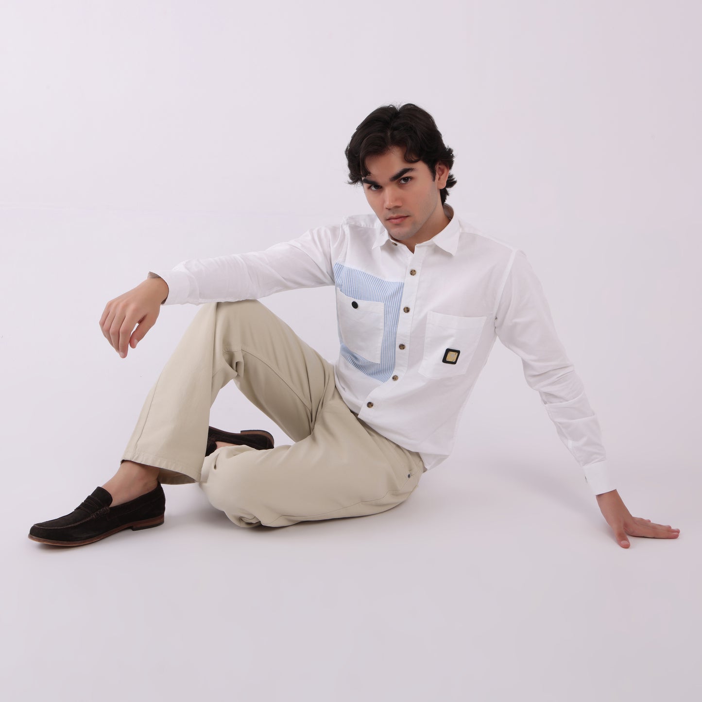 Lionies Dual Pocket Panel Shirt –White & Blue