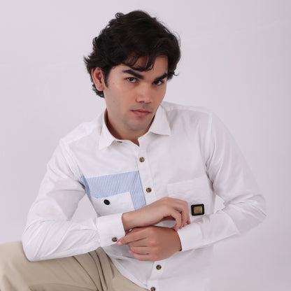 Lionies Dual Pocket Panel Shirt –White & Blue