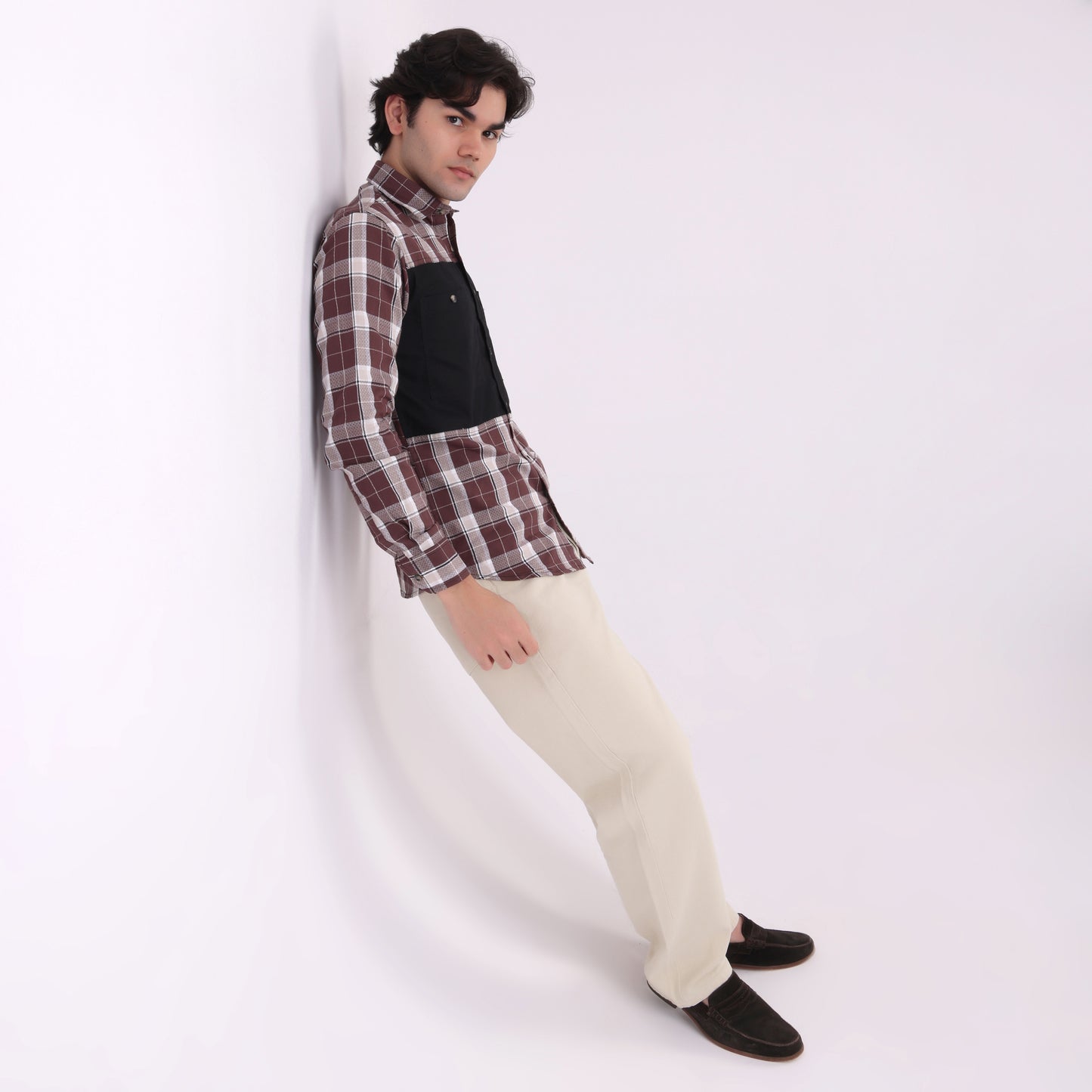 Lionies Men's Contrast Panel Checkered Shirt – Maroon & White Casual Flannel