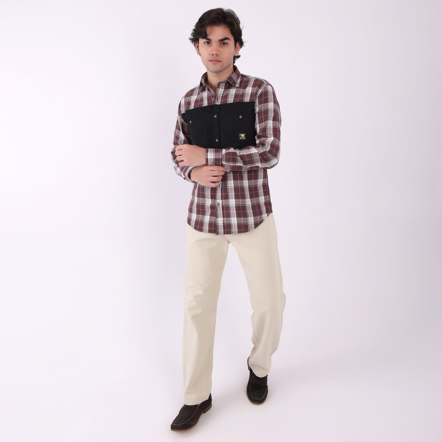 Lionies Men's Contrast Panel Checkered Shirt – Maroon & White Casual Flannel
