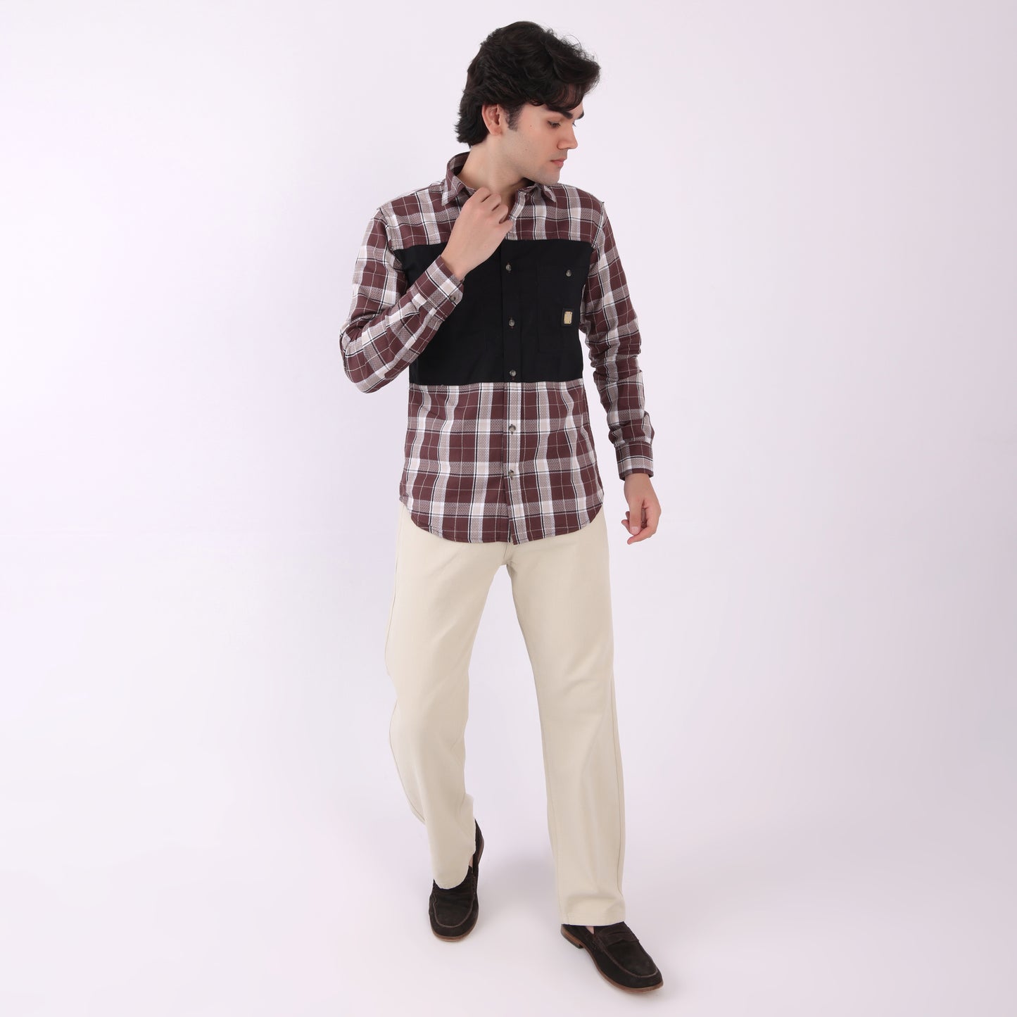 Lionies Men's Contrast Panel Checkered Shirt – Maroon & White Casual Flannel