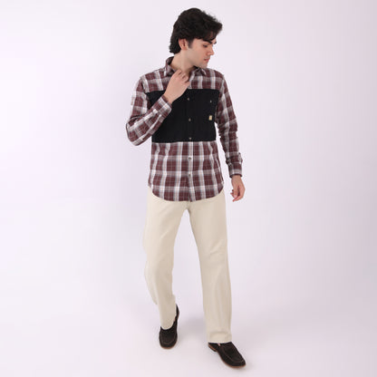Lionies Men's Contrast Panel Checkered Shirt – Maroon & White Casual Flannel