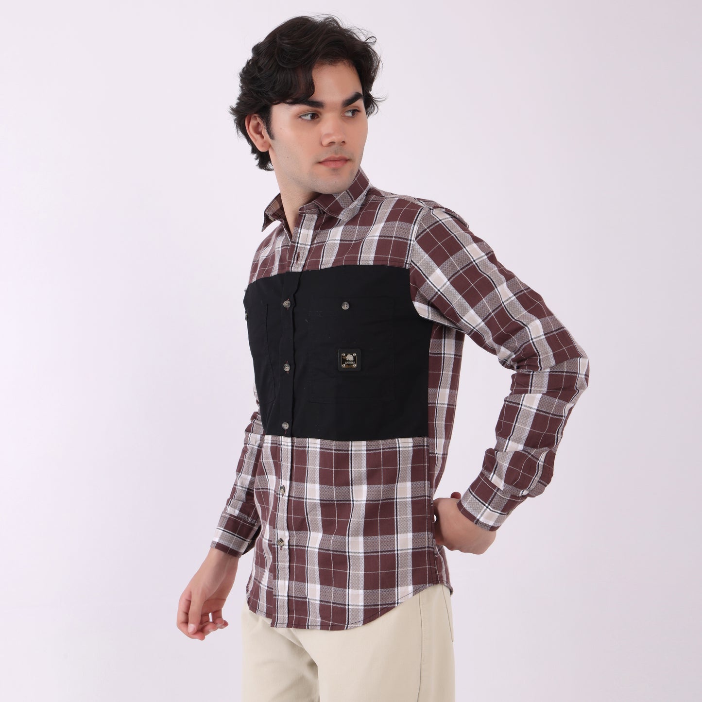 Lionies Men's Contrast Panel Checkered Shirt – Maroon & White Casual Flannel