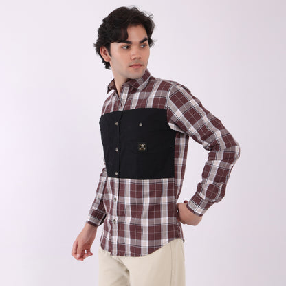 Lionies Men's Contrast Panel Checkered Shirt – Maroon & White Casual Flannel