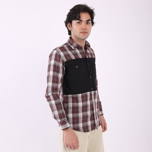 Lionies Men's Contrast Panel Checkered Shirt – Maroon & White Casual Flannel