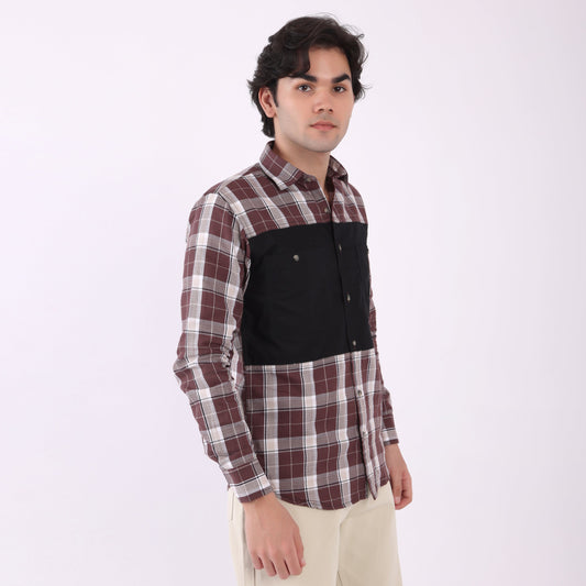 Lionies Men's Contrast Panel Checkered Shirt – Maroon & White Casual Flannel