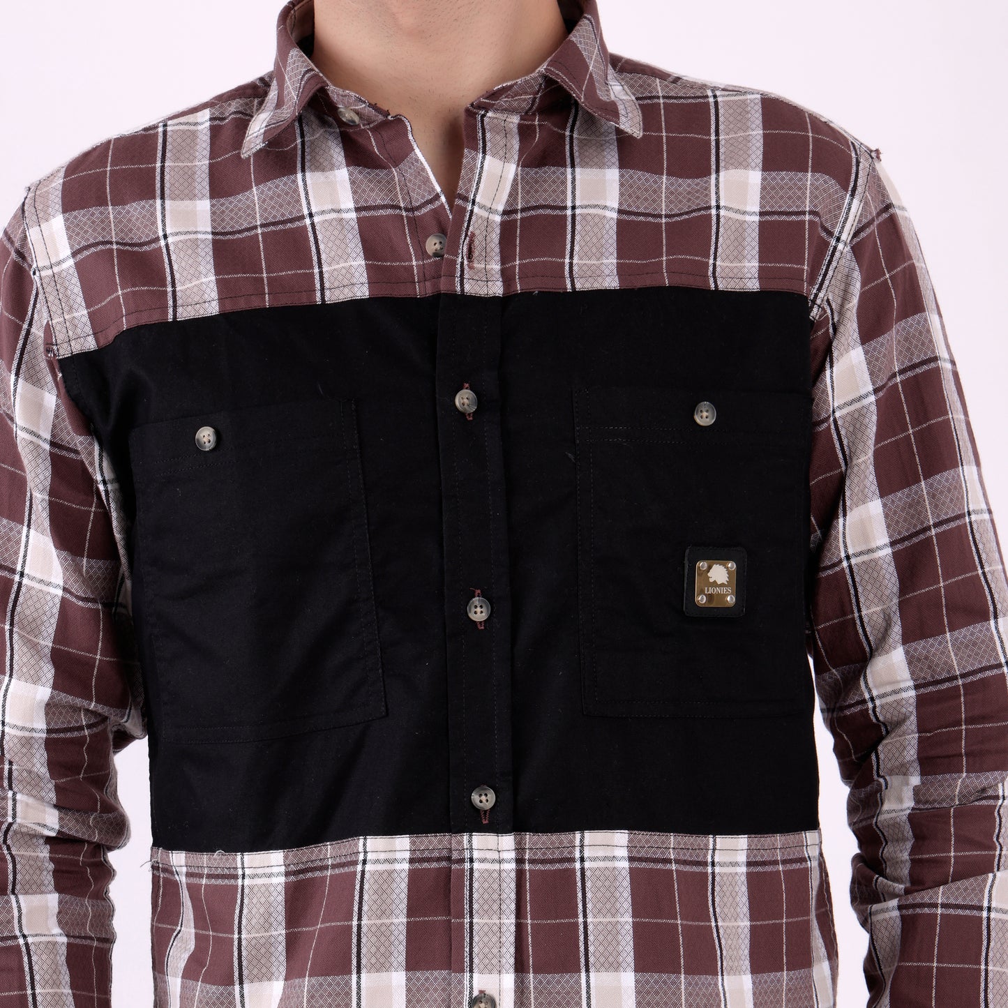 Lionies Men's Contrast Panel Checkered Shirt – Maroon & White Casual Flannel