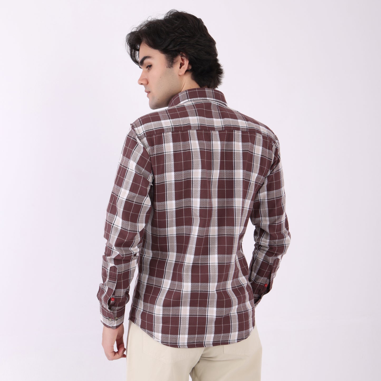Lionies Men's Contrast Panel Checkered Shirt – Maroon & White Casual Flannel