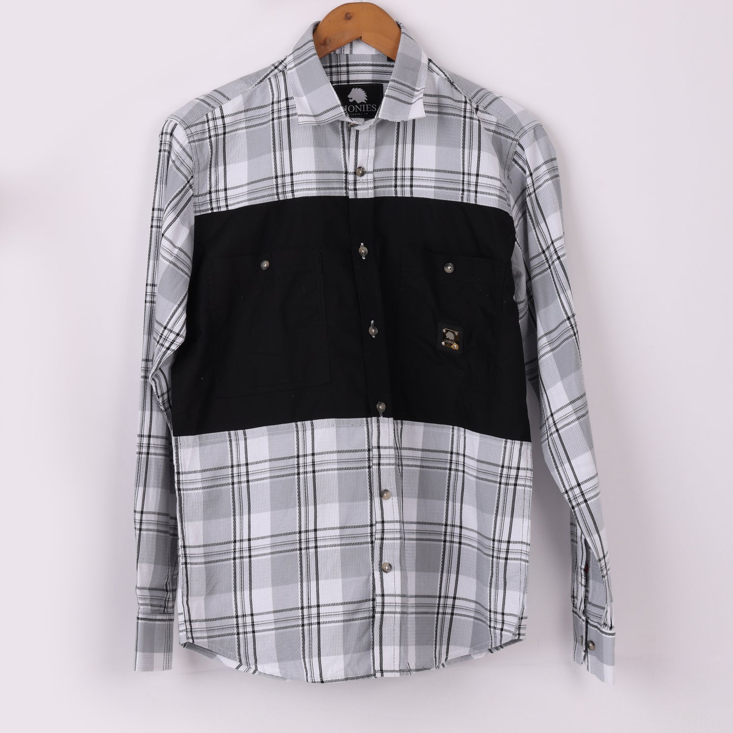 Lionies Men's Urban Check Shirt with Contrast Pocket Panel – Black & Grey