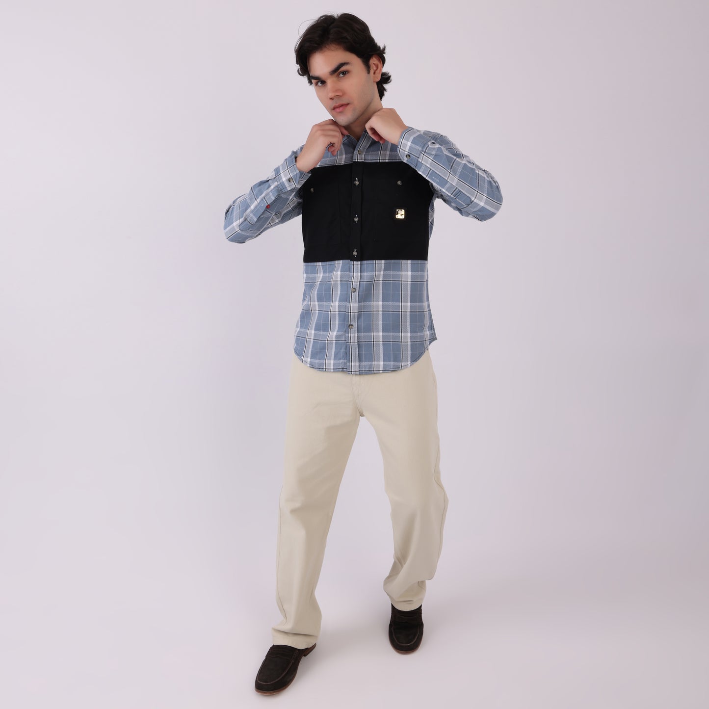 Lionies Men's Dual Tone Checkered Shirt – Grey & Black Panel Casual Wear