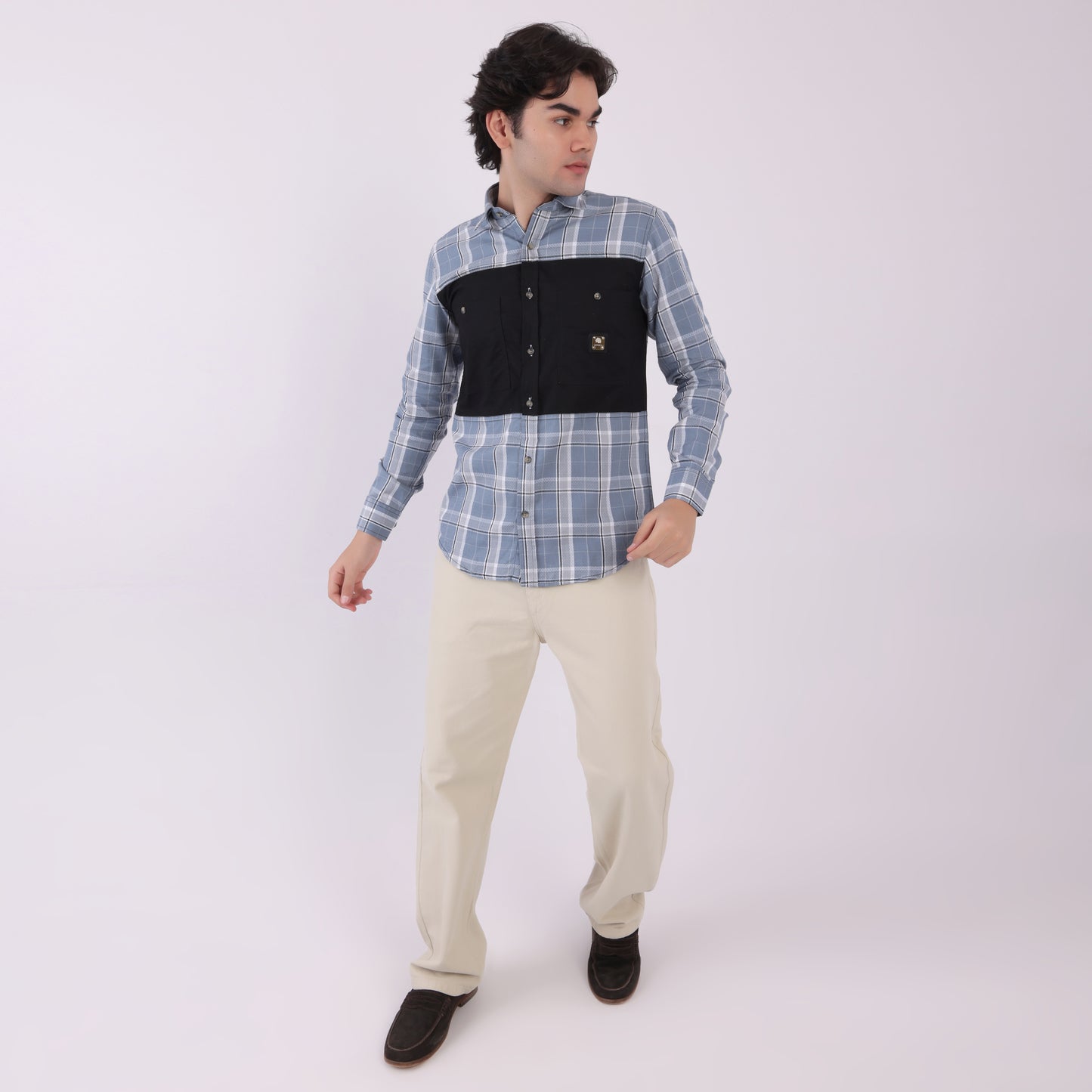 Lionies Men's Dual Tone Checkered Shirt – Grey & Black Panel Casual Wear