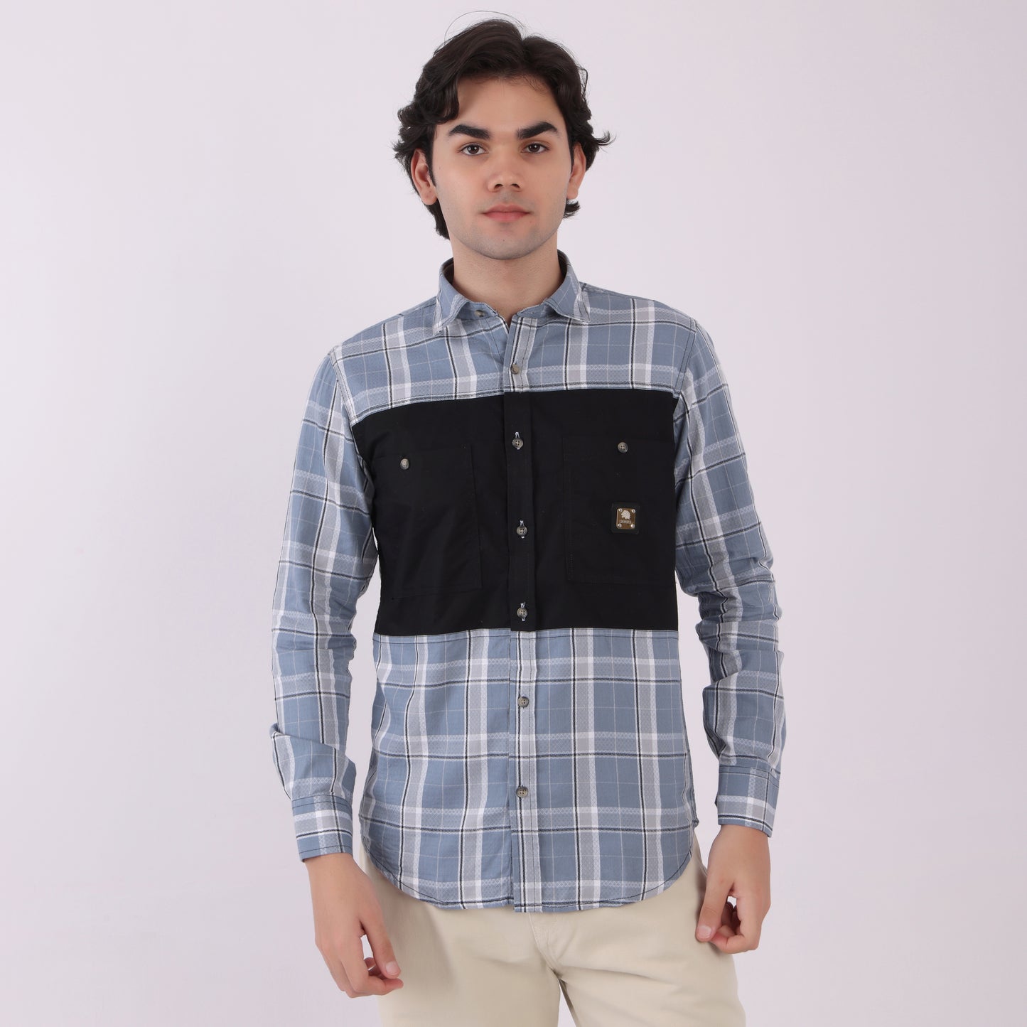 Lionies Men's Dual Tone Checkered Shirt – Grey & Black Panel Casual Wear