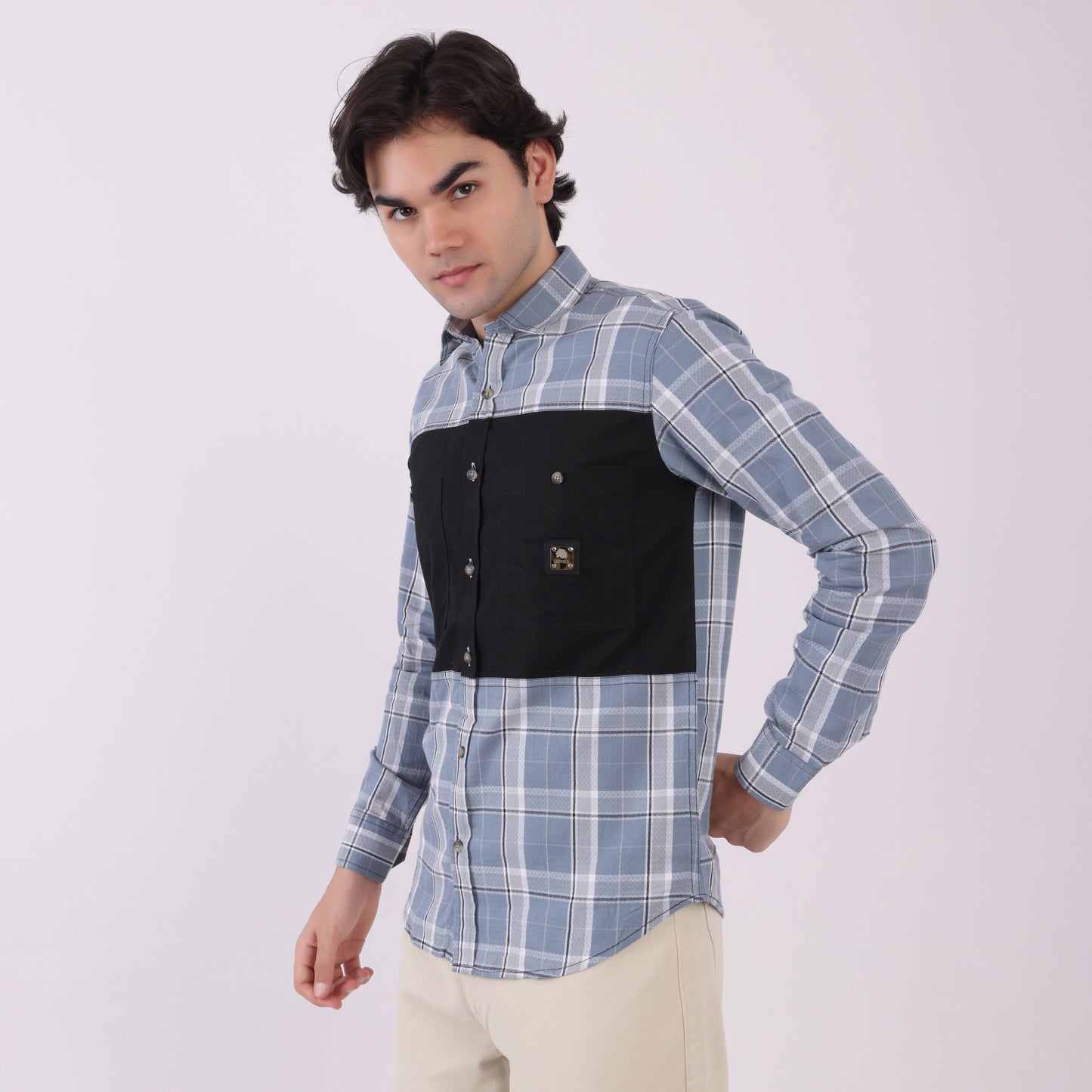 Lionies Men's Dual Tone Checkered Shirt – Grey & Black Panel Casual Wear