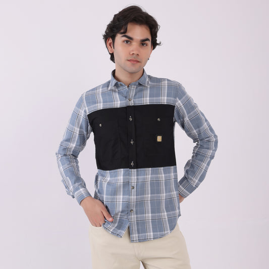 Lionies Men's Dual Tone Checkered Shirt – Grey & Black Panel Casual Wear