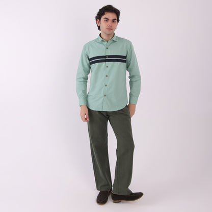 Lionies Men’s Mint Green Striped Panel Shirt – Casual Button-Up