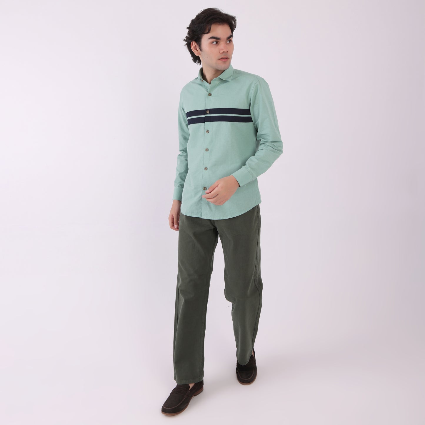 Lionies Men’s Mint Green Striped Panel Shirt – Casual Button-Up