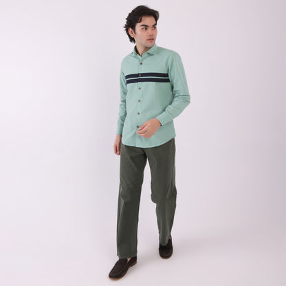 Lionies Men’s Mint Green Striped Panel Shirt – Casual Button-Up