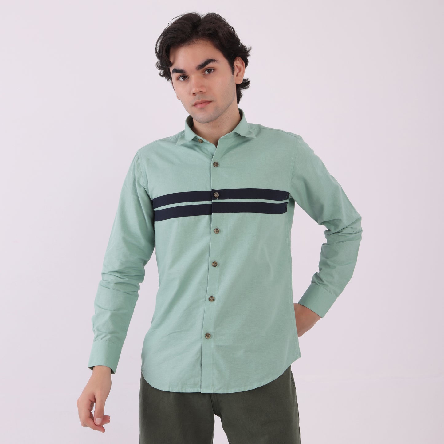 Lionies Men’s Mint Green Striped Panel Shirt – Casual Button-Up