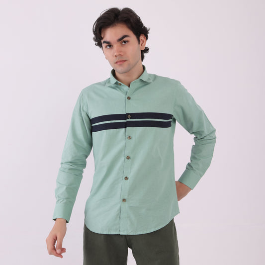 Lionies Men’s Mint Green Striped Panel Shirt – Casual Button-Up