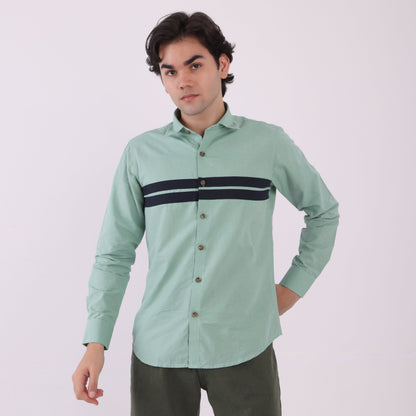 Lionies Men’s Mint Green Striped Panel Shirt – Casual Button-Up