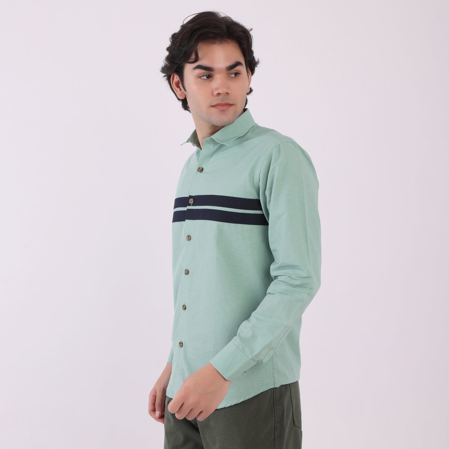 Lionies Men’s Mint Green Striped Panel Shirt – Casual Button-Up