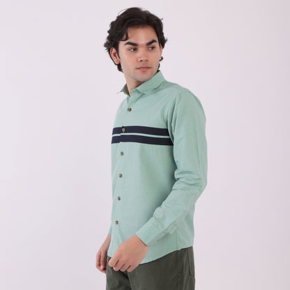 Lionies Men’s Mint Green Striped Panel Shirt – Casual Button-Up