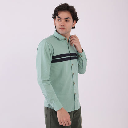 Lionies Men’s Mint Green Striped Panel Shirt – Casual Button-Up
