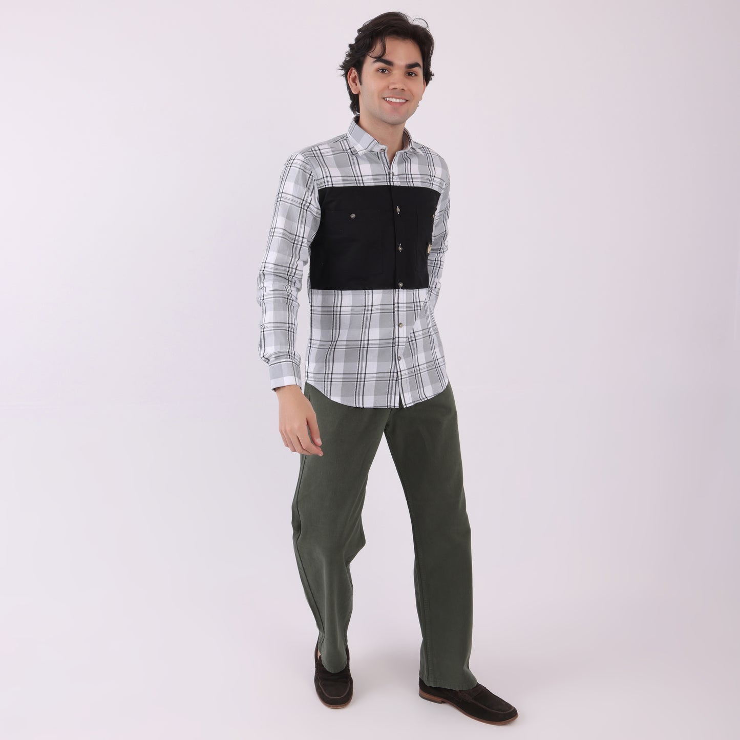 Lionies Men's Urban Check Shirt with Contrast Pocket Panel – Black & Grey