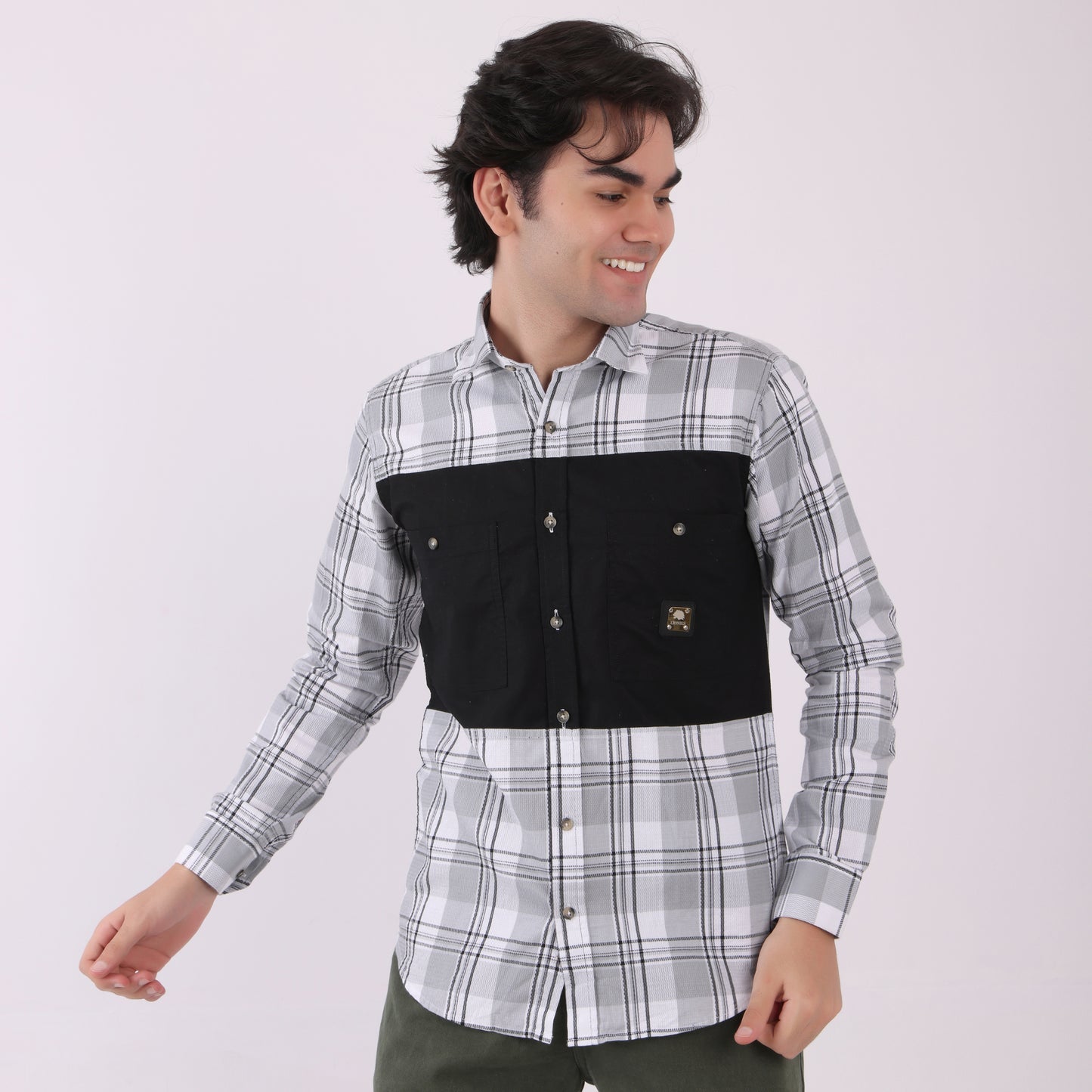 Lionies Men's Urban Check Shirt with Contrast Pocket Panel – Black & Grey