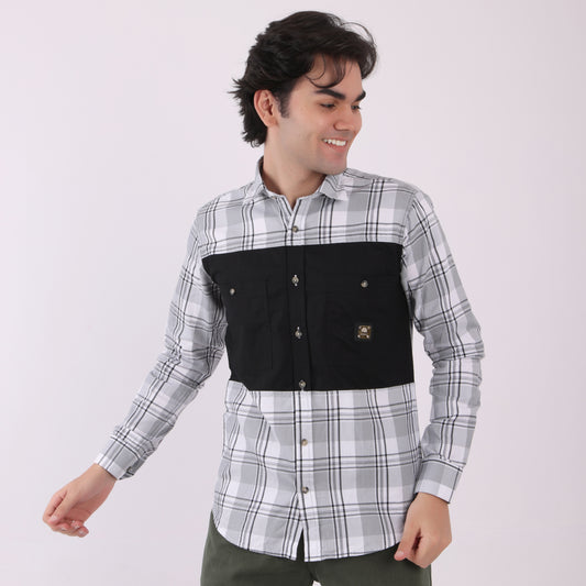 Lionies Men's Urban Check Shirt with Contrast Pocket Panel – Black & Grey