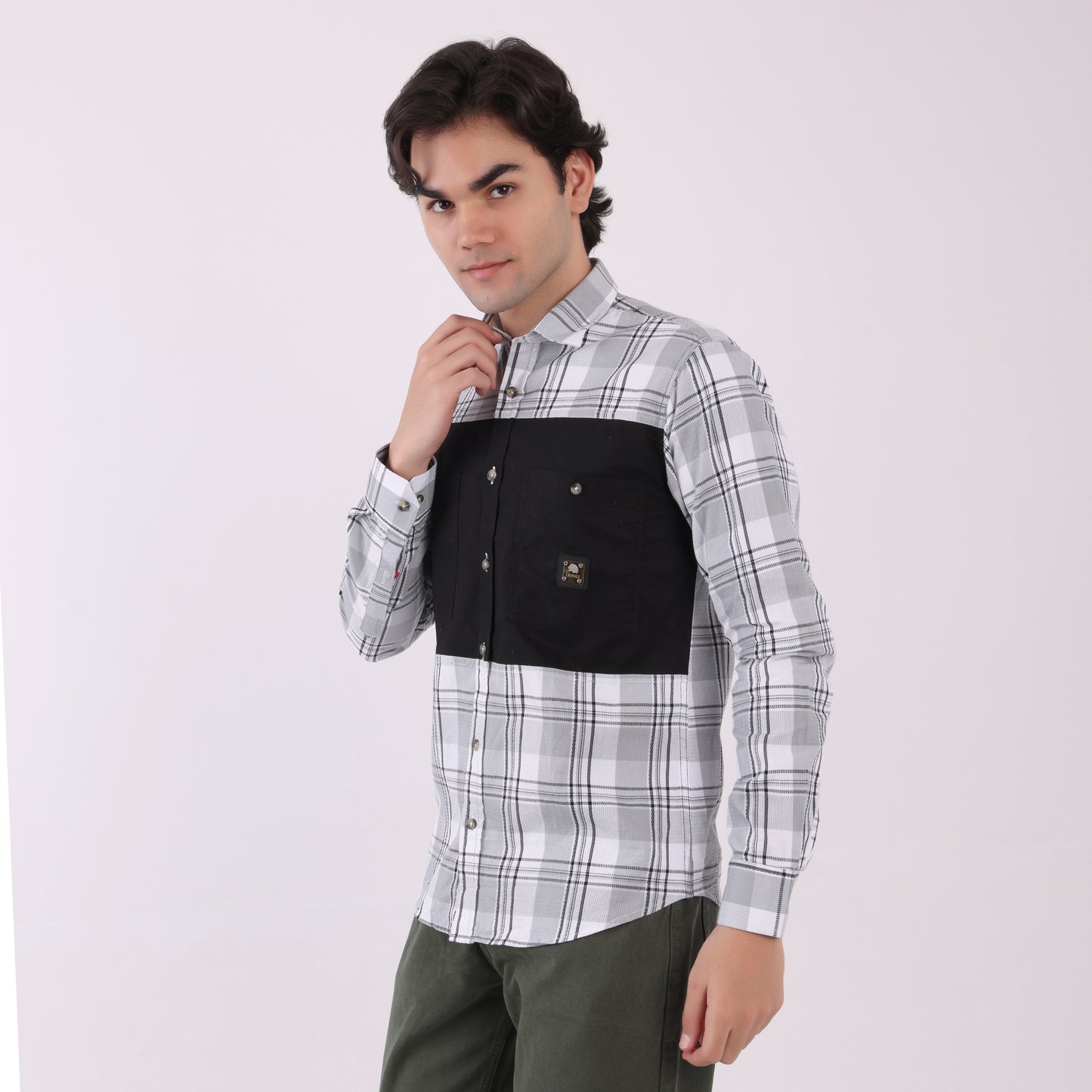 Lionies Men's Urban Check Shirt with Contrast Pocket Panel – Black & Grey