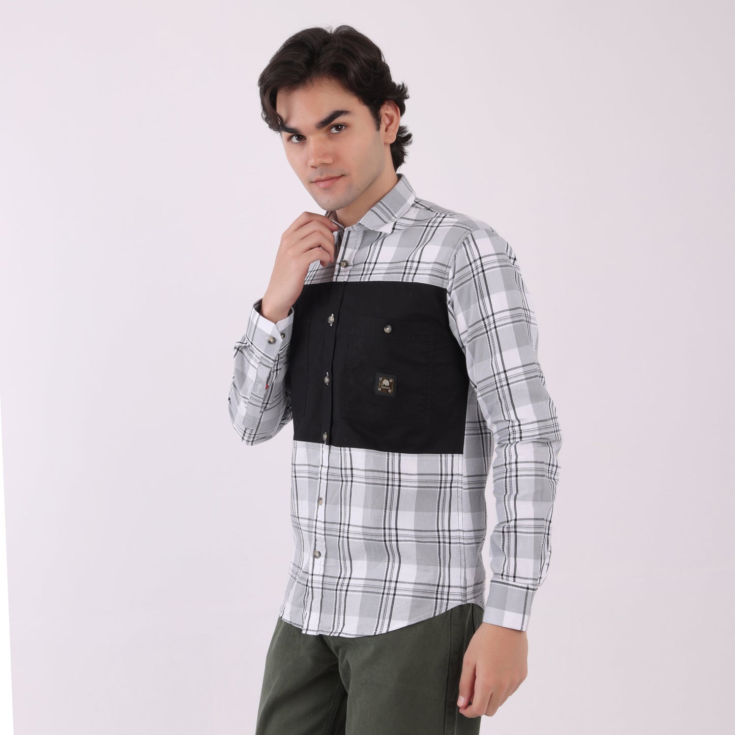 Lionies Men's Urban Check Shirt with Contrast Pocket Panel – Black & Grey