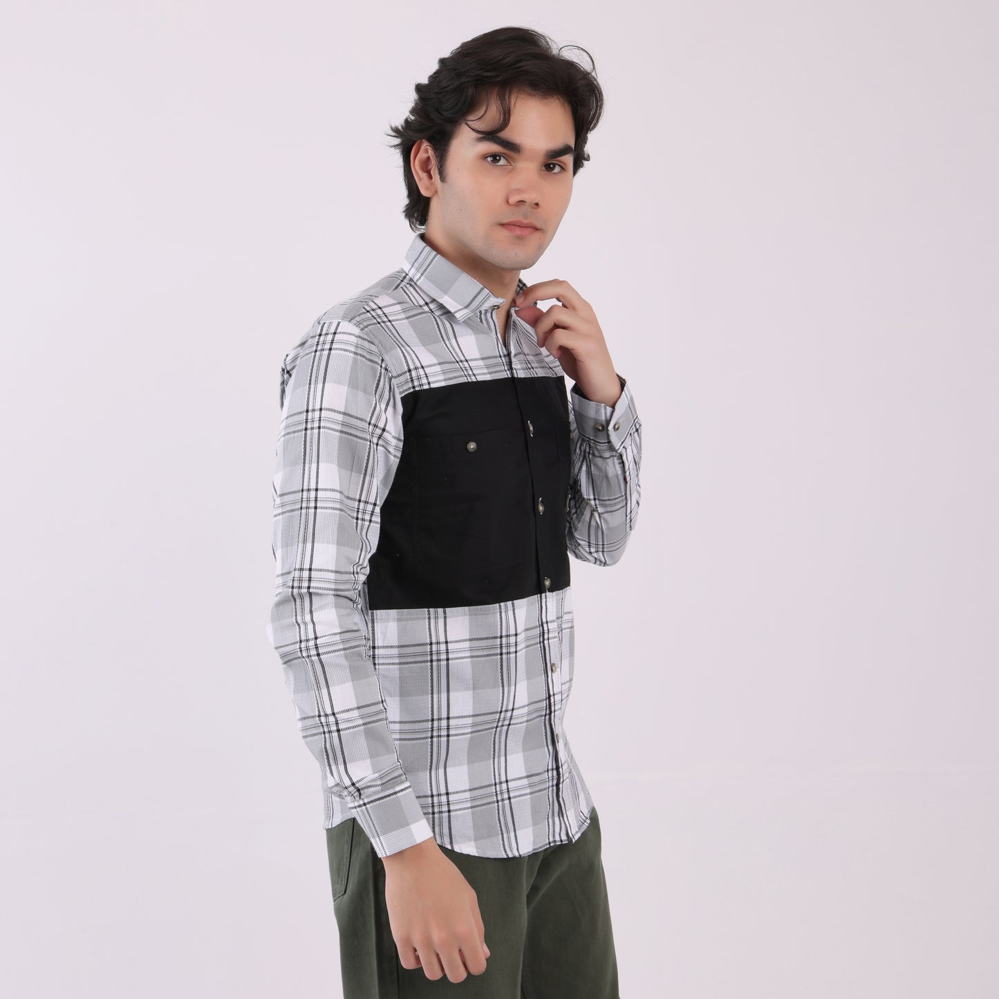 Lionies Men's Urban Check Shirt with Contrast Pocket Panel – Black & Grey