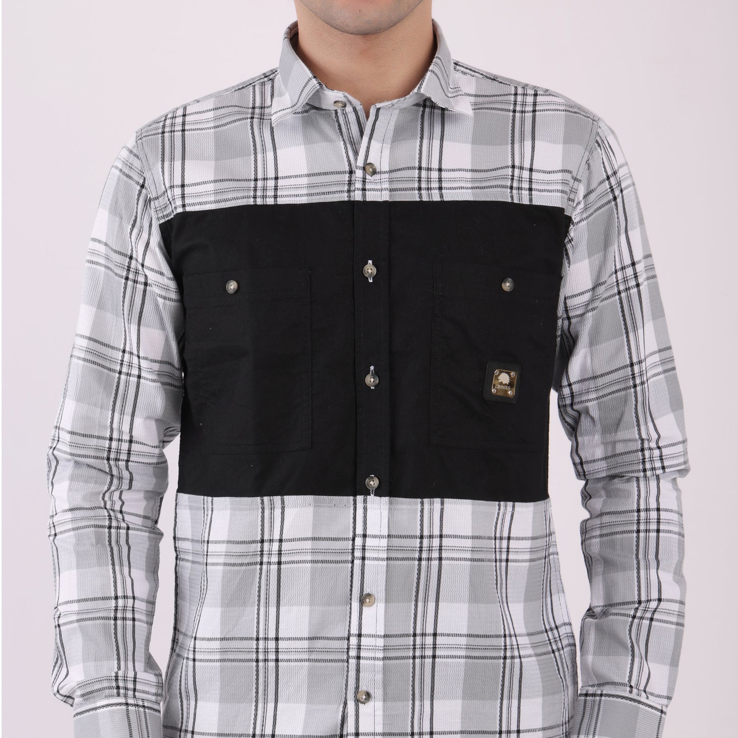 Lionies Men's Urban Check Shirt with Contrast Pocket Panel – Black & Grey