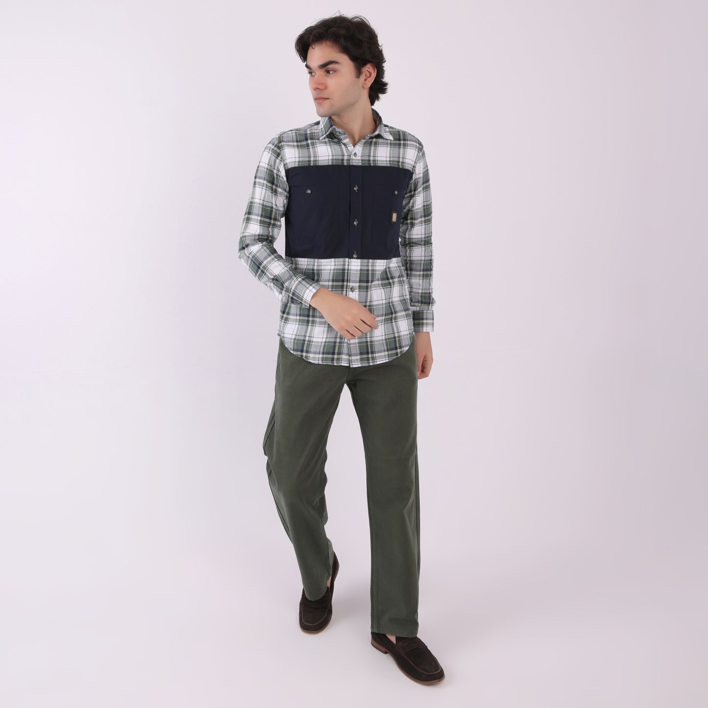 Lionies Men’s Green & White Check Shirt with Navy Contrast Panel – Smart Casual Style