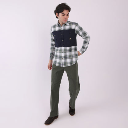Lionies Men’s Green & White Check Shirt with Navy Contrast Panel – Smart Casual Style