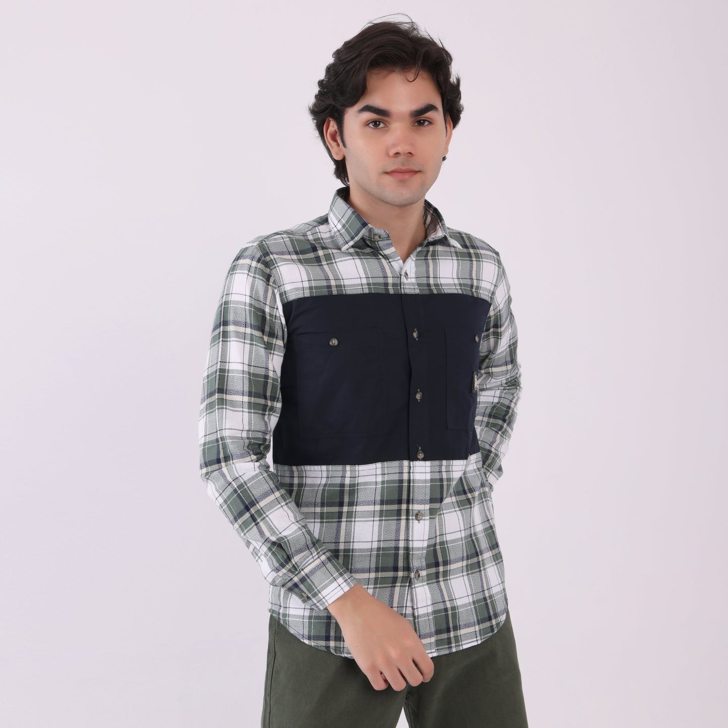 Lionies Men’s Green & White Check Shirt with Navy Contrast Panel – Smart Casual Style