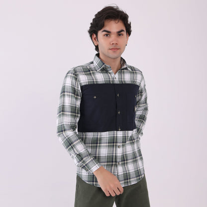 Lionies Men’s Green & White Check Shirt with Navy Contrast Panel – Smart Casual Style