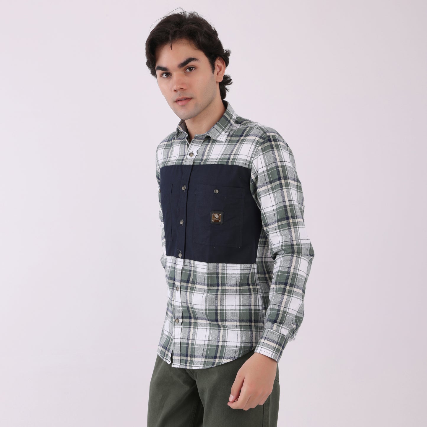 Lionies Men’s Green & White Check Shirt with Navy Contrast Panel – Smart Casual Style