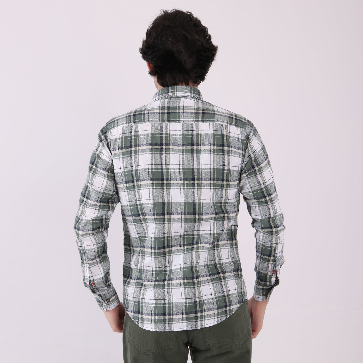 Lionies Men’s Green & White Check Shirt with Navy Contrast Panel – Smart Casual Style