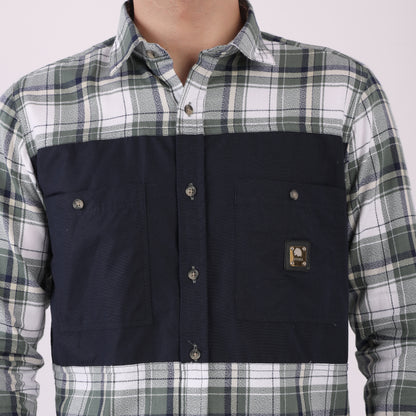 Lionies Men’s Green & White Check Shirt with Navy Contrast Panel – Smart Casual Style