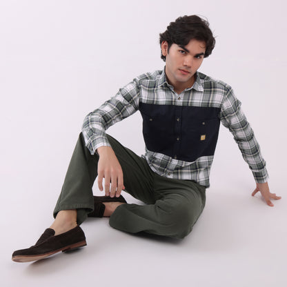 Lionies Men’s Green & White Check Shirt with Navy Contrast Panel – Smart Casual Style