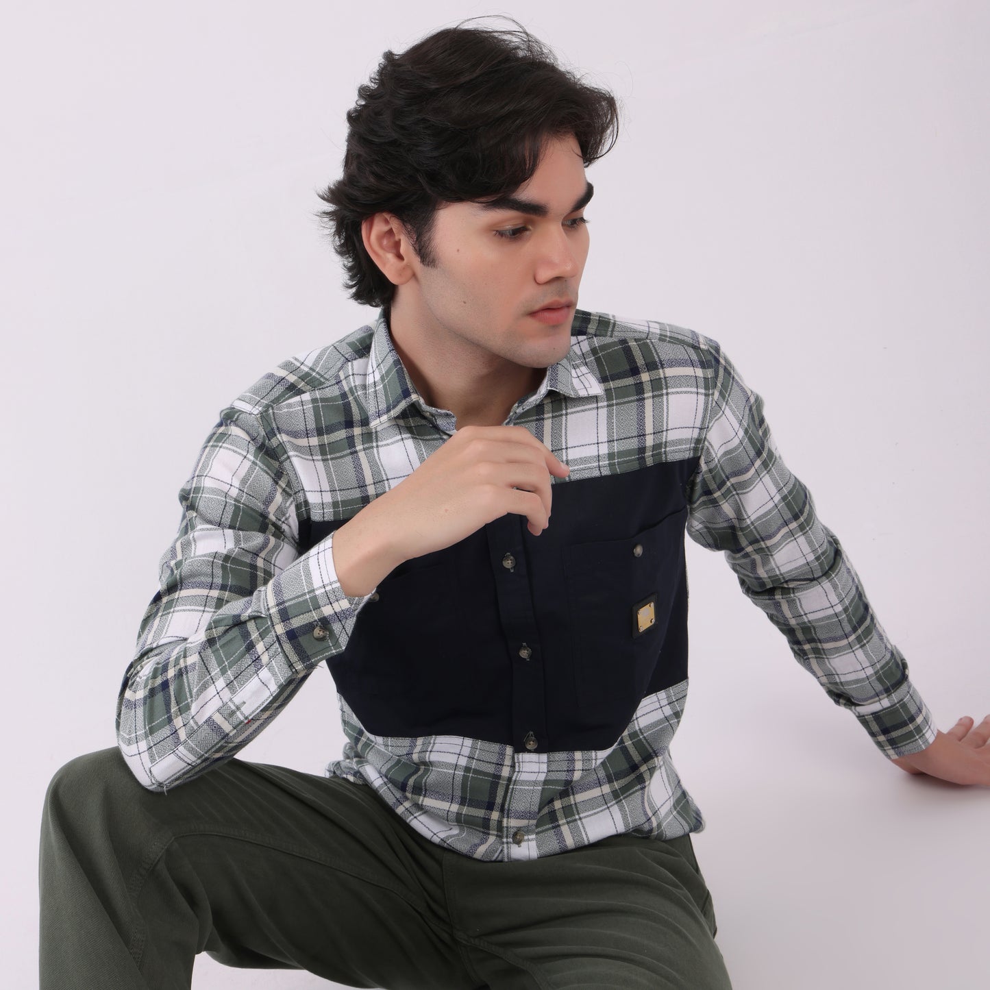 Lionies Men’s Green & White Check Shirt with Navy Contrast Panel – Smart Casual Style
